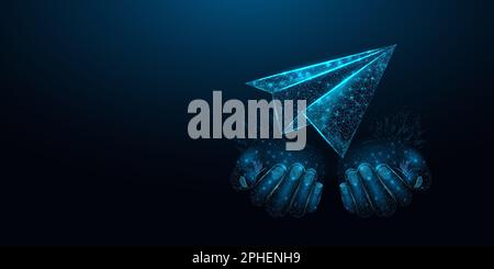 Two human hands are holds paper plane. Wireframe glowing low poly plane. Design on dark blue background. Abstract futuristic vector illustration Stock Vector