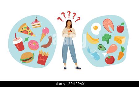 The concept of choosing between healthy eating and fast food. A young girl makes chooses a diet, sweet and fatty food versus natural organic foods. Co Stock Vector