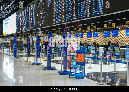 Moscow, Russia, February, 4, 2023: Check in area in Sheremetyevo International Airport. check-in counters at Sheremetyevo airport in Terminal C. Stock Photo