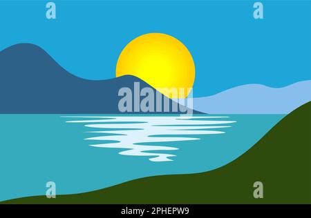 Rocks, sea, sunset in blue sky. Vector background in cartoon style Stock Vector