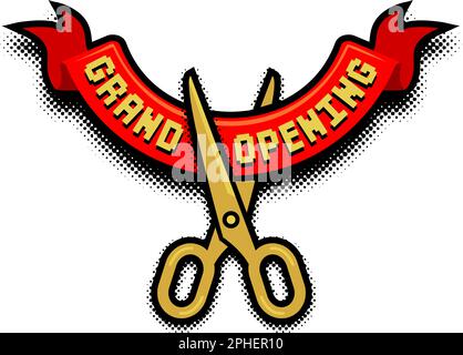 Grand opening flyer template in comic book style. Gold scissors cut red ribbon. Vector on transparent background Stock Vector
