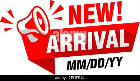New arrival product tag on red ribbon with megaphone. Advertising vector sticker on transparent background Stock Vector