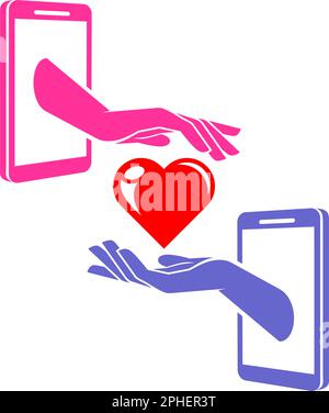 Distance love or using dating mobile application concept. Male and female hands connect heart in smartphone screens. Vector on transparent background Stock Vector