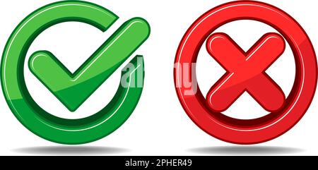 Tick and cross 3D signs. Yes and No, consent and protest, like and dislike. Green checkmark and red X icons on transparent background. Stock Vector