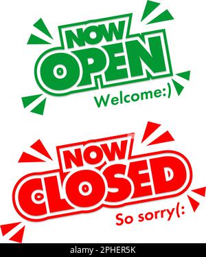 Lettering now open closed for door sign. Vector template on transparent background Stock Vector