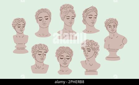 Various Antique statues. Heads of women, men. Mythical, ancient greek style. Hand drawn Vector illustration. Stock Vector