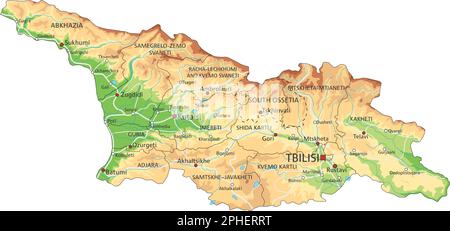 Highly detailed Georgia physical map with labeling. Stock Vector