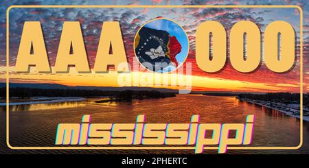 Vehicle license plates marking in Mississippi in United States of America, Car plates. Vehicle license numbers of different American states. Vintage print for tee shirt graphics,sticker and poster Stock Photo