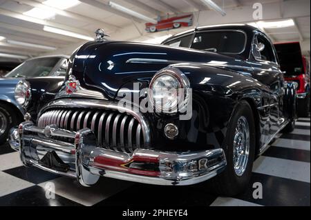 Detail of a dark colored American classic car, Buick Super Stock Photo