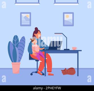 Mom working from home with baby in arms flat vector illustration Stock Vector