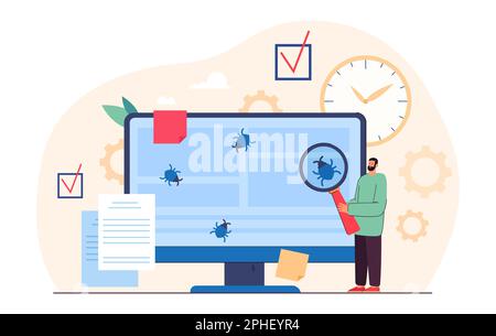 Tiny programmer testing software and fixing bugs Stock Vector