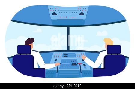 Back view of pilot and copilot inside cockpit during flight Stock Vector