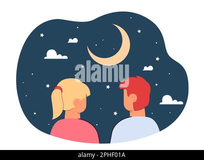 Back view of little girl and boy looking at moon Stock Vector