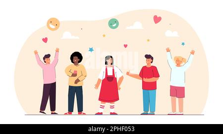 Happy diverse children standing in row flat vector illustration Stock Vector