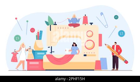 Tiny tailors on huge sewing machine flat vector illustration Stock Vector