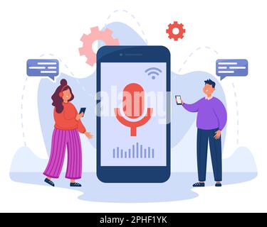 Tiny people near phone with voice assistant on screen Stock Vector
