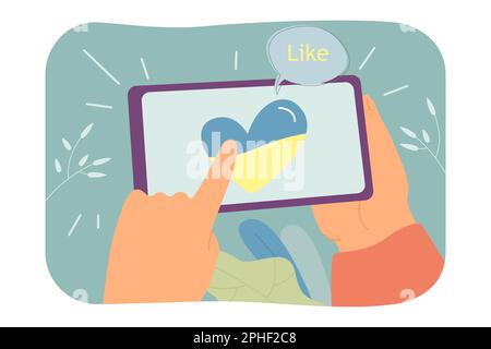Touching mobile phone screen with finger to like Ukrainian heart Stock Vector
