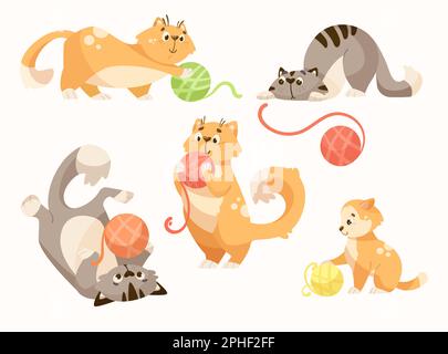 Cute cats playing with ball of yarn cartoon illustration set Stock Vector
