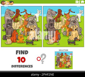 Cartoon illustration of finding the differences between pictures educational game with purebred dogs animal characters Stock Vector