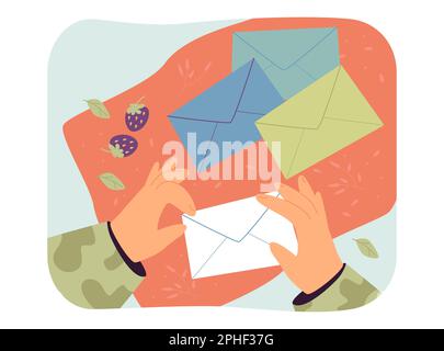 Hands of soldier holding paper envelope Stock Vector