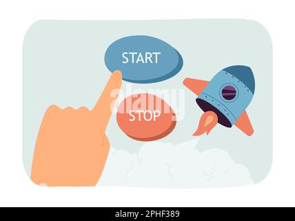 Finger of hand pressing button to start or stop rocket Stock Vector