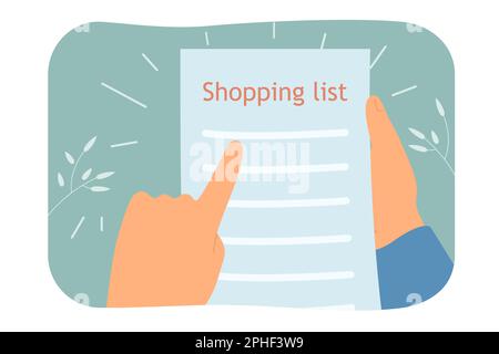 Hands holding shopping list with products or ingredients Stock Vector