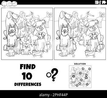 Black and white cartoon illustration of finding the differences between pictures educational game with purebred dogs animal characters coloring page Stock Vector