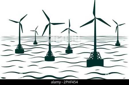 Marine wind turbines generator energy. Flat vector illustration Stock Vector