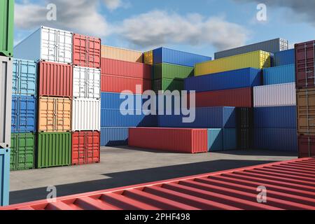 Lots of long cargo containers stacked at the terminal/port for import ...