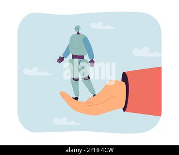 Tiny robot standing on humans hand flat vector illustration Stock Vector