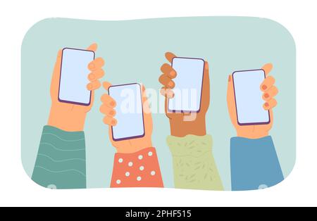 Human hands holding mobile phones with blank screens Stock Vector