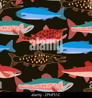 Seamless pattern with doodle salmon fish in modern original trendy style. Colorful vivid print for design. Vector hand drawn illustration. Stock Vector