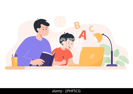Father helping son with homework flat vector illustration Stock Vector