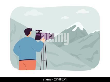 Travel photographer taking photos in mountains Stock Vector