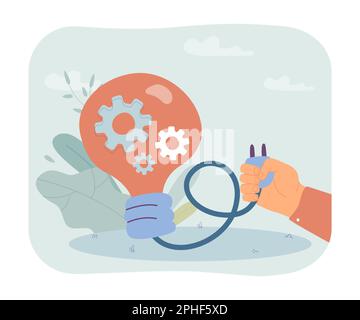 Hand plugging in lightbulb flat vector illustration Stock Vector