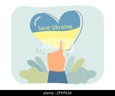 Hand pointing on heart with flag and save Ukraine text Stock Vector