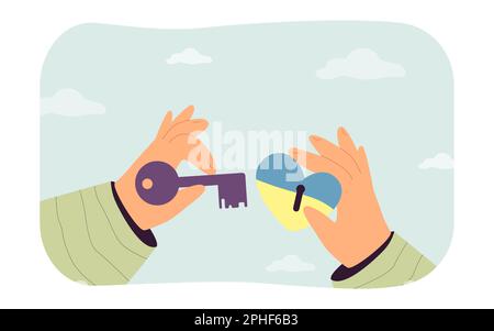 Human hands holding key to heart with Ukrainian flag Stock Vector