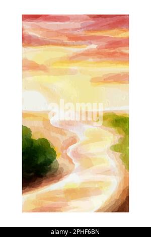 Watercolor landscape, red sunset over river, forest Stock Vector