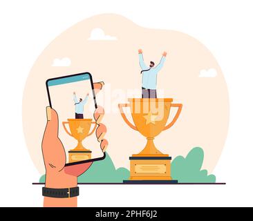 Hand with phone taking photo of tiny worker in huge trophy Stock Vector