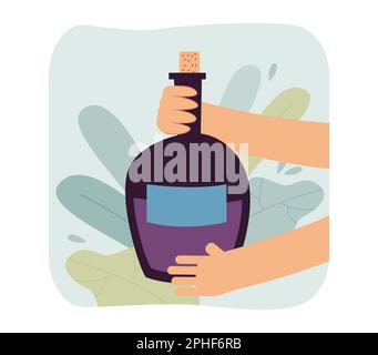 Hands holding bottle of alcohol drink flat vector illustration Stock Vector