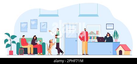 Men and women with pets waiting in queue at vet clinic Stock Vector