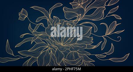 Vector art deco luxury flower line pattern, golden line background. Hand drawn wavy plants for packaging, social media post, cover, banner and wall ar Stock Vector