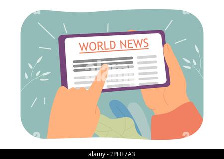 Tablet with world news in mans hands flat vector illustration Stock Vector