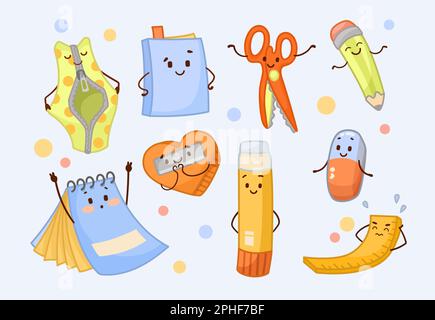 Cute school supplies cartoon characters vector illustrations set Stock Vector