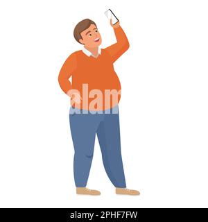 Chubby boy using smartphone. Fat man with mobile, obese people vector cartoon illustration Stock Vector