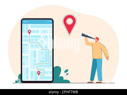 Tiny man with spyglass next to big phone with city map on screen Stock Vector