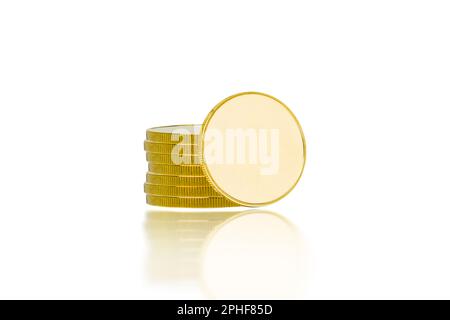 Gold coins stacks isolated on white background with reflection, Business and finance concept, 3d illustration. Stock Photo