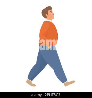 Walking fat boy. Chubby man going for a walk, obese people vector cartoon illustration Stock Vector