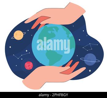 Hands around globe in outer space with stars and planets Stock Vector