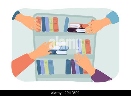 Hands reaching towards books on shelves Stock Vector